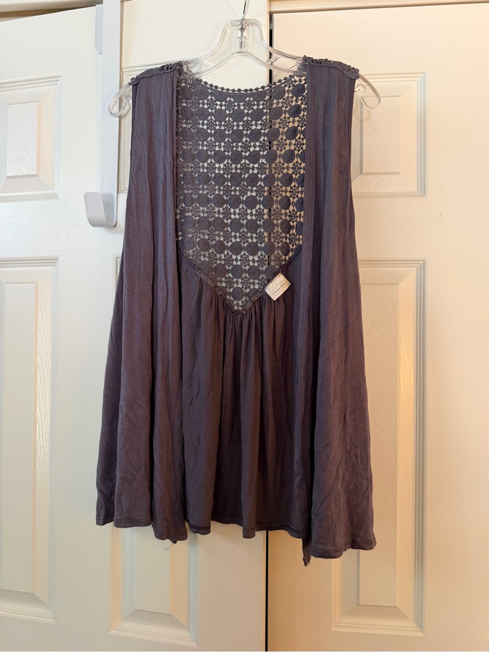Sleeveless Crochet-Back Women’s Top in Charcoal Gray